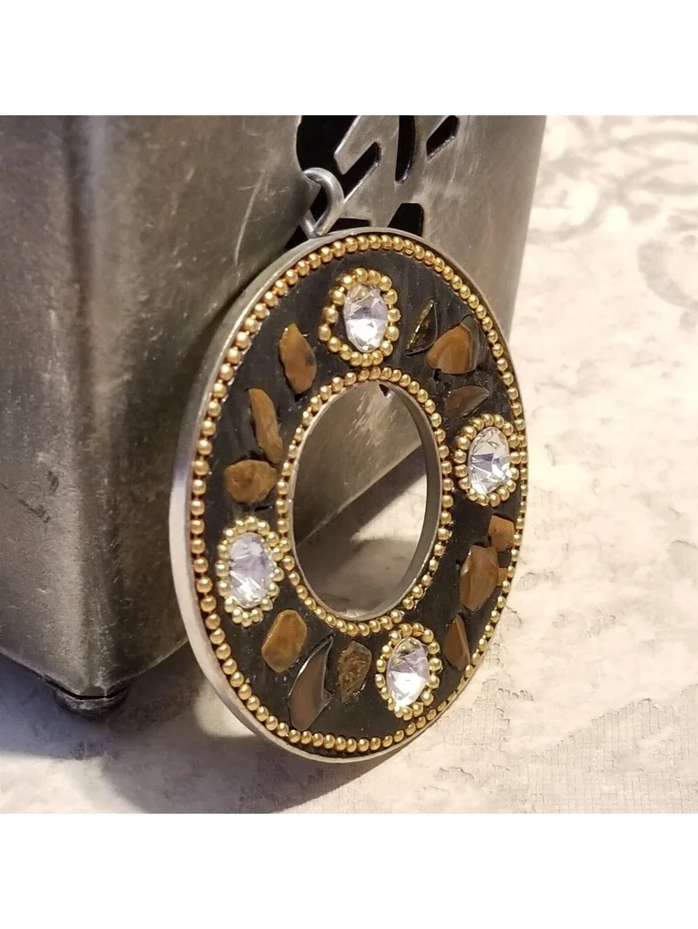 Tribal Kashmiri Lac Tigereye Gemstone Metal 58mm Round Handcrafted Pendant India